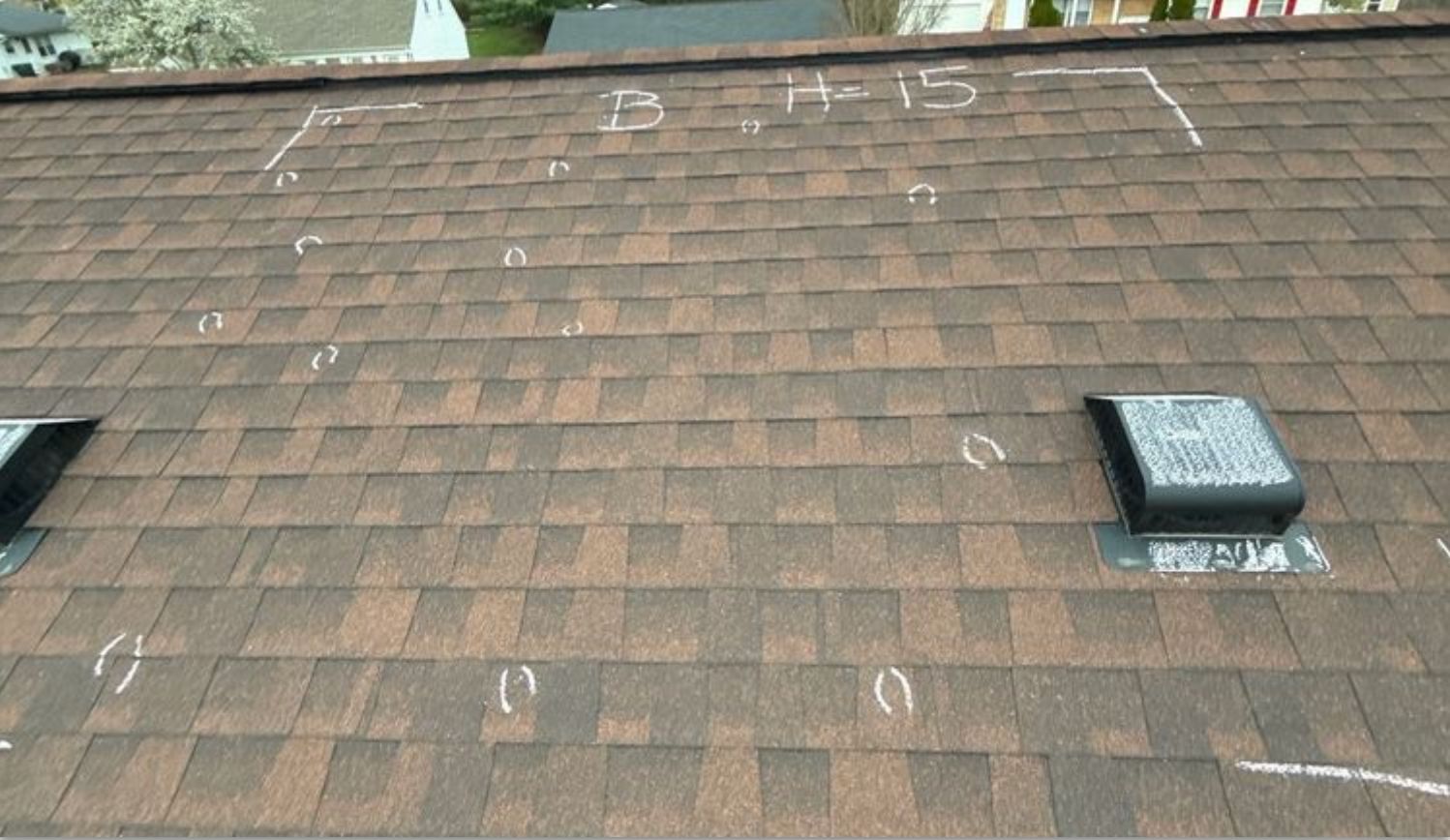 Engineer conducting a forensic hail damage inspection on a roof and exterior surfaces, documenting storm-related impacts using detailed analysis and weather data